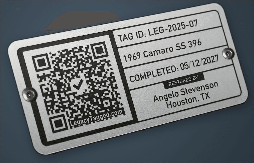 Laser-engraved 304 stainless steel riveted tag with QR code, drilled and riveted to chassis